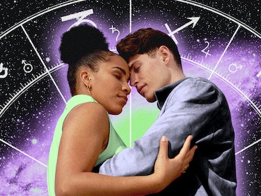 a couple in love in front of an astrological chart