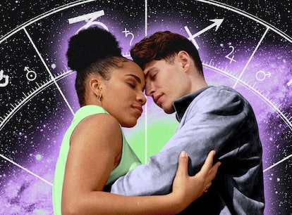 a couple in love in front of an astrological chart